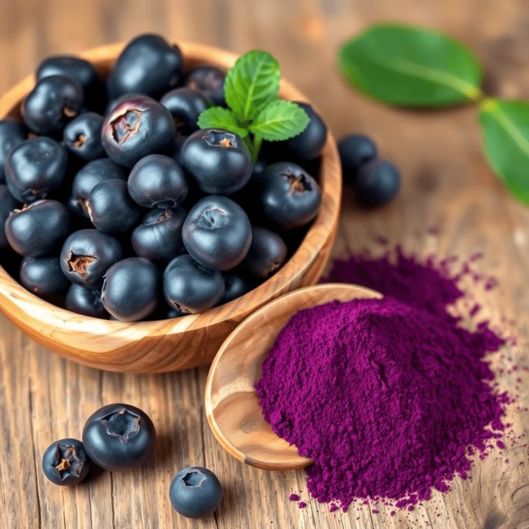 Close-up of a wooden bowl with dark purple acai berries and vibrant acai berry powder on a rustic wooden surface with soft natural lighting.