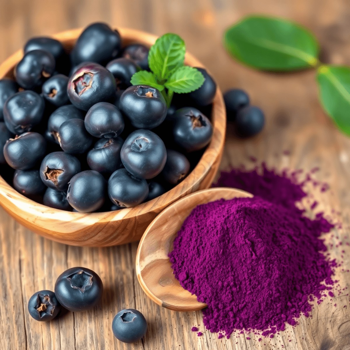 Close-up of a wooden bowl with dark purple acai berries and vibrant acai berry powder on a rustic wooden surface with soft natural lighting.