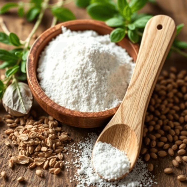 Close-up of a wooden bowl with white powder and spoon, surrounded by herbs and grains on a rustic wooden surface.