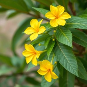 Close-up of bright yellow senna flowers with green leaves on a tropical plant against a soft natural background.
