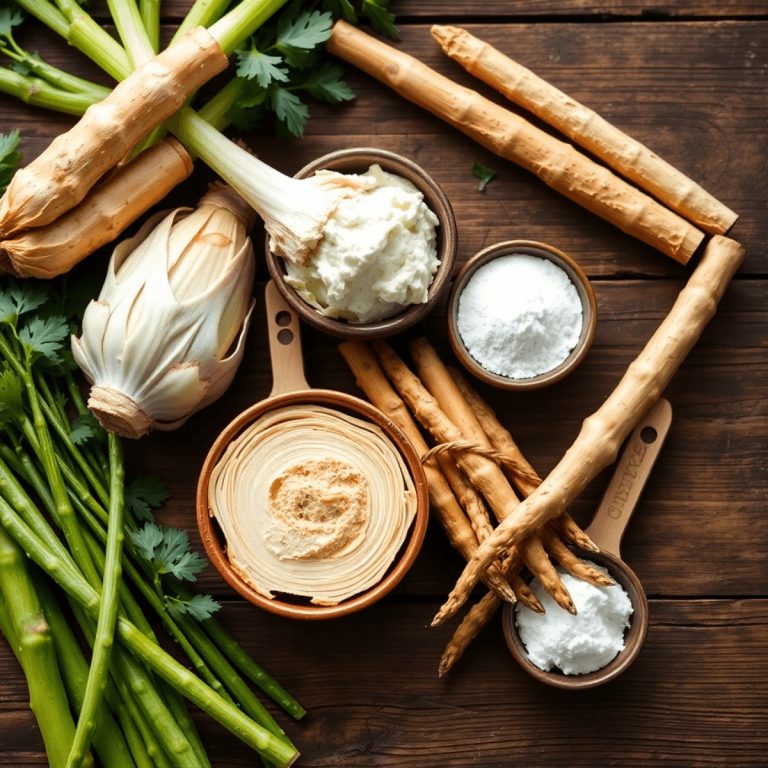 Close-up of chicory root, Jerusalem artichokes, and asparagus with bowls of white powder on a rustic wooden table, highlighting natural gut-friendl...