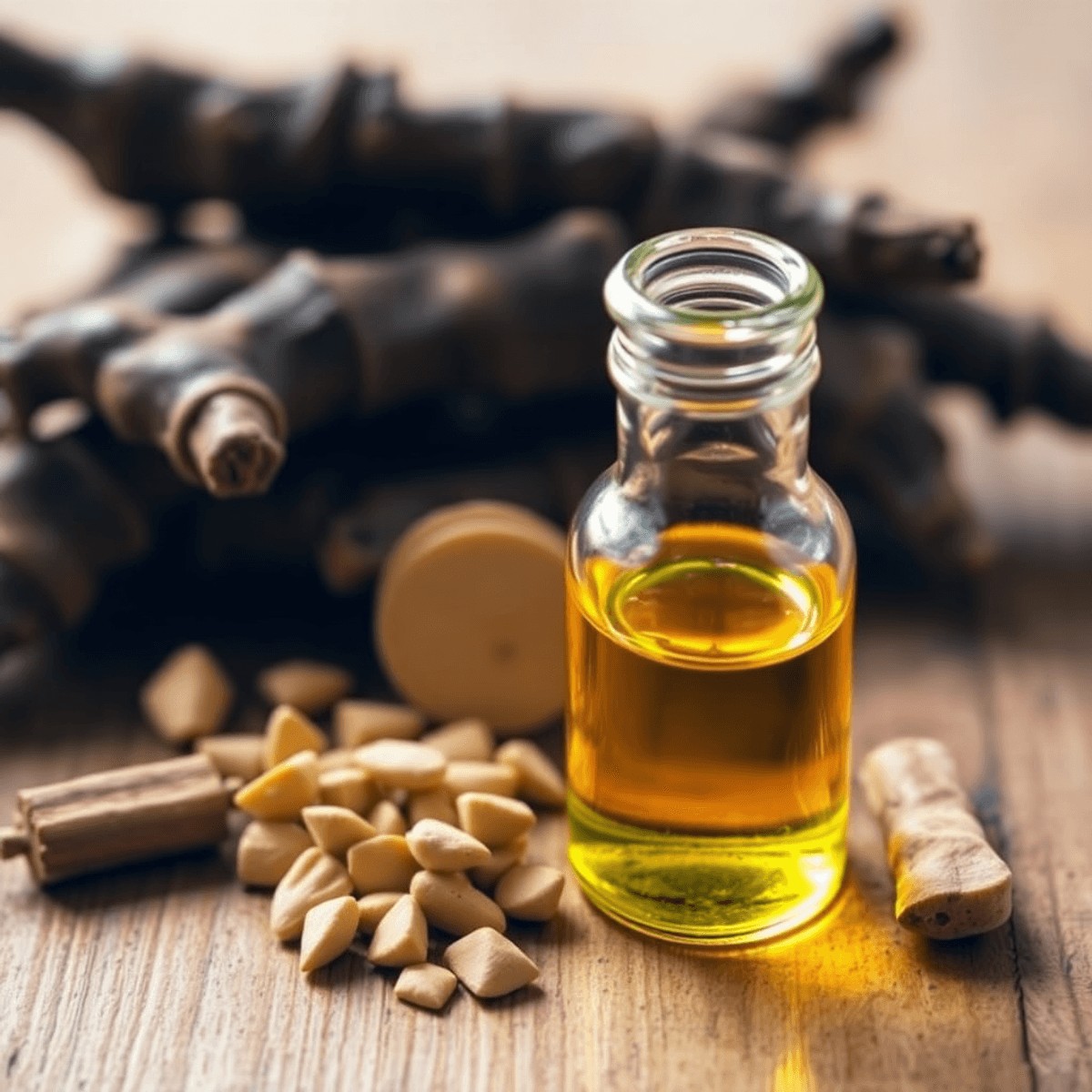 Close-up of fresh Ashwagandha roots and a small glass bottle with golden herbal extract on a wooden surface with warm, natural lighting.