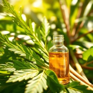 Close-up of fresh green Moringa leaves next to a small glass bottle of golden Moringa extract on a sunlit natural background.
