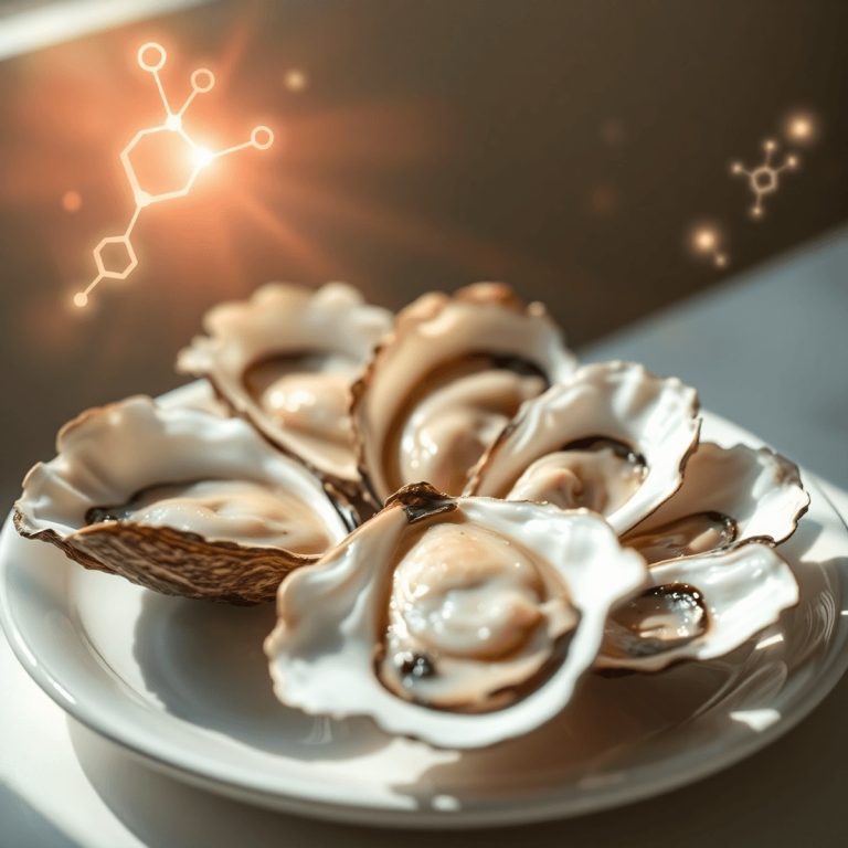 Close-up of fresh oysters on a white plate with glowing amino acid shapes and gentle light rays symbolizing health and vitality.