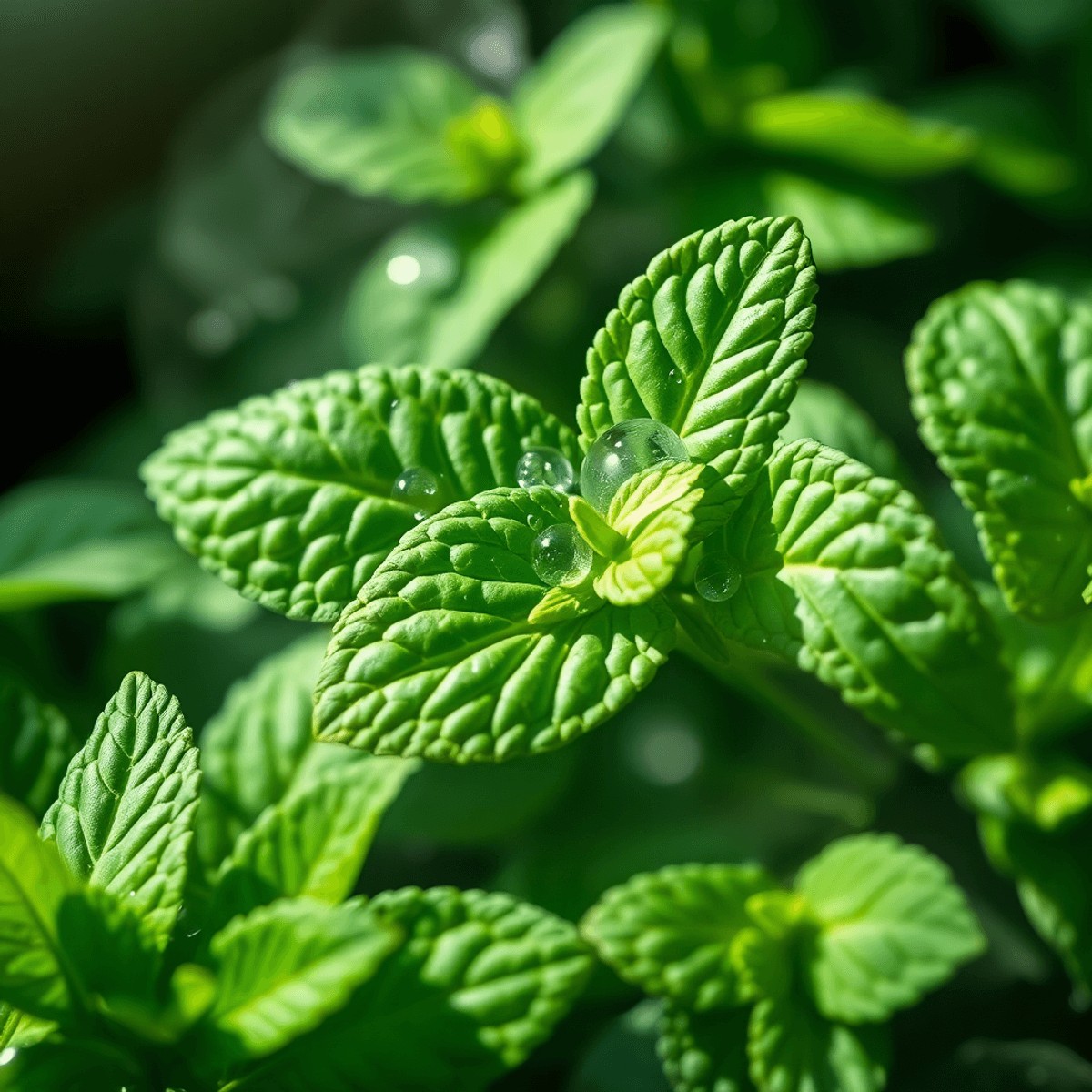 Close-up of fresh peppermint leaves with essential oil droplets, bathed in soft natural light and subtle mist, evoking freshness and soothing welln...