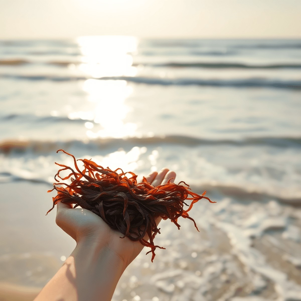 Close-up of hand holding fresh brown seaweed with gentle waves and soft sunlight on a serene beach background.