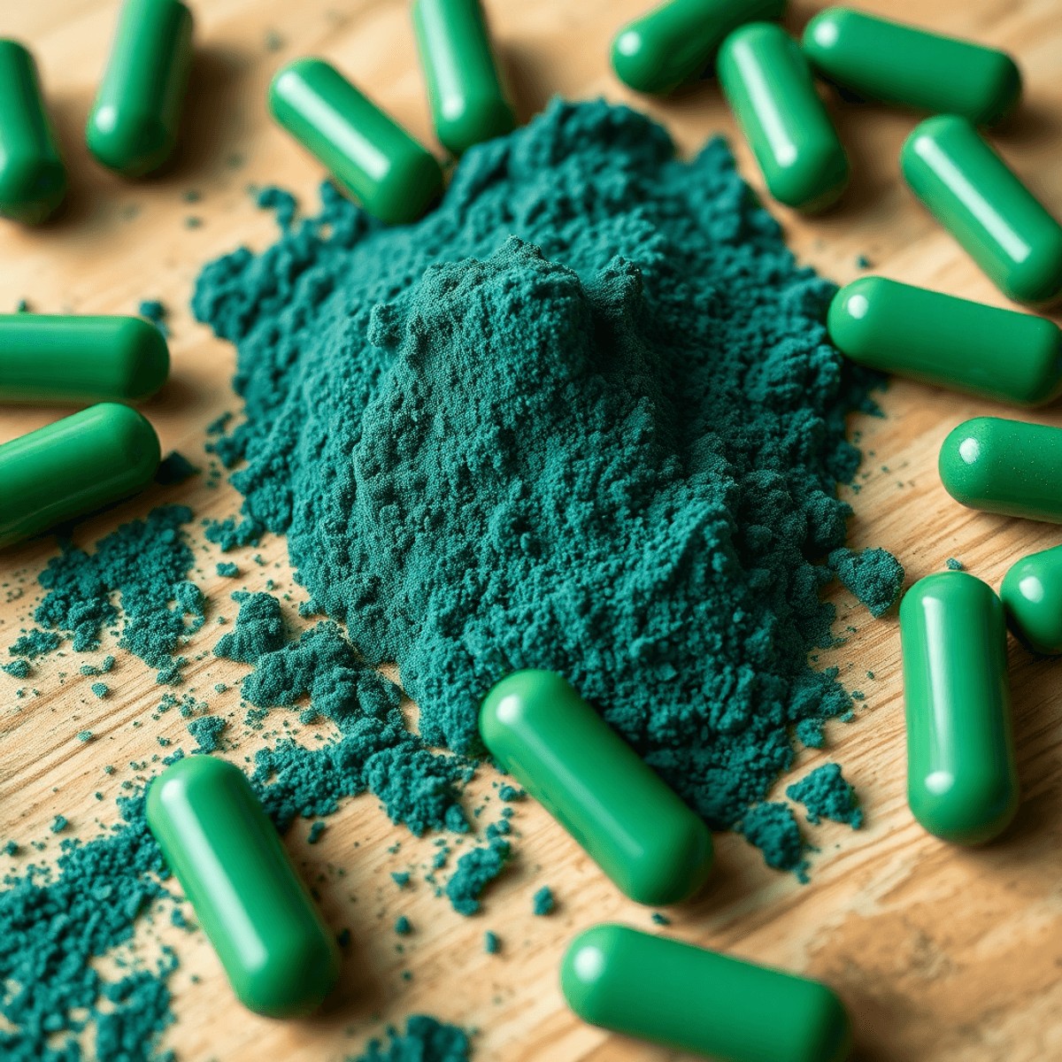 Close-up of spirulina powder and green capsules on wooden surface, highlighted by soft natural light emphasizing rich blue-green hues.