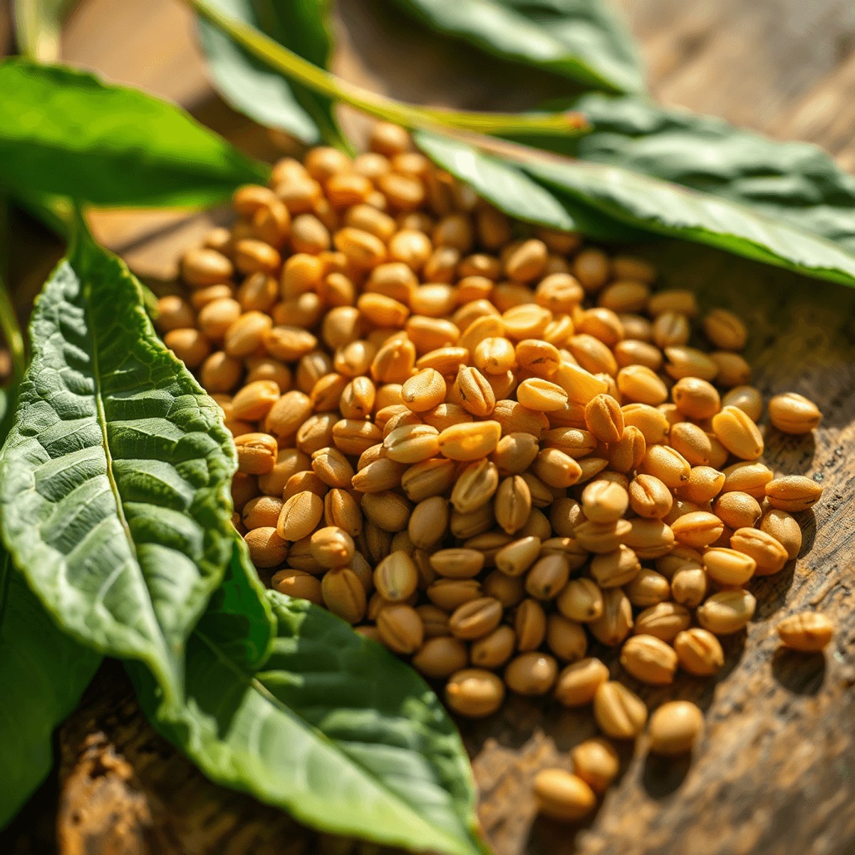 Close-up of vibrant Sacha Inchi seeds and green leaves on wood, illuminated by soft sunlight, highlighting their natural texture and organic appeal.