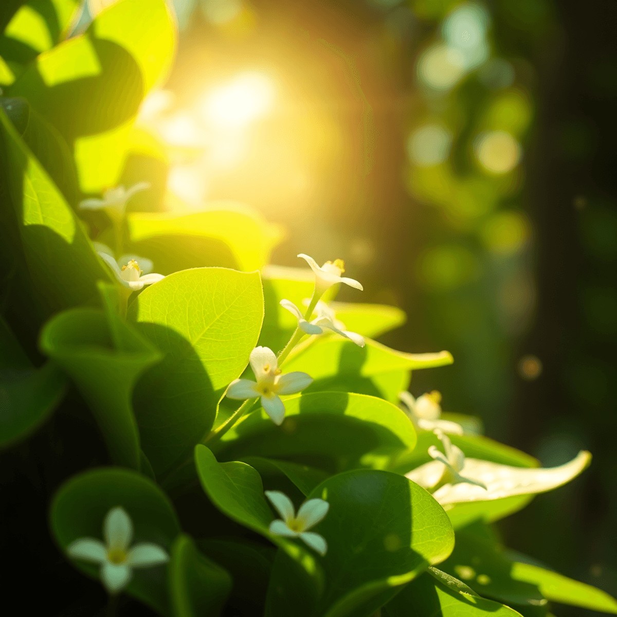 Close-up of vibrant green Pueraria mirifica leaves and white flowers with soft sunlight and glowing particles against a blurred natural background.