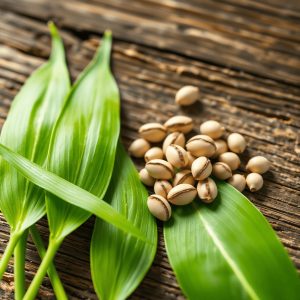 Close-up of vibrant green moringa leaves and smooth seeds on rustic wood, softly lit to highlight their fresh, healthy appearance.