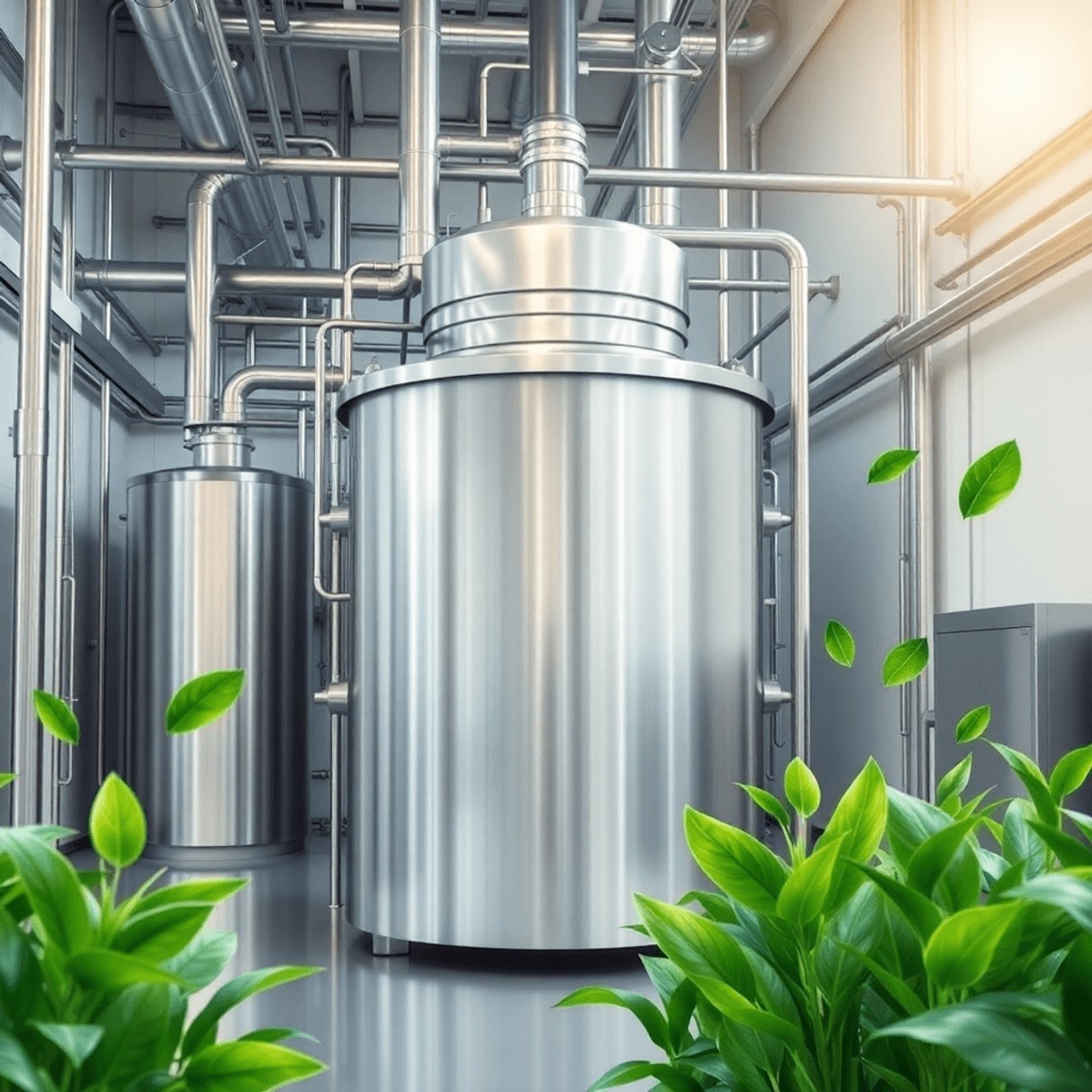 Modern dairy facility with stainless steel drying machine surrounded by green plants and eco symbols, softly lit to highlight energy-efficient skim...