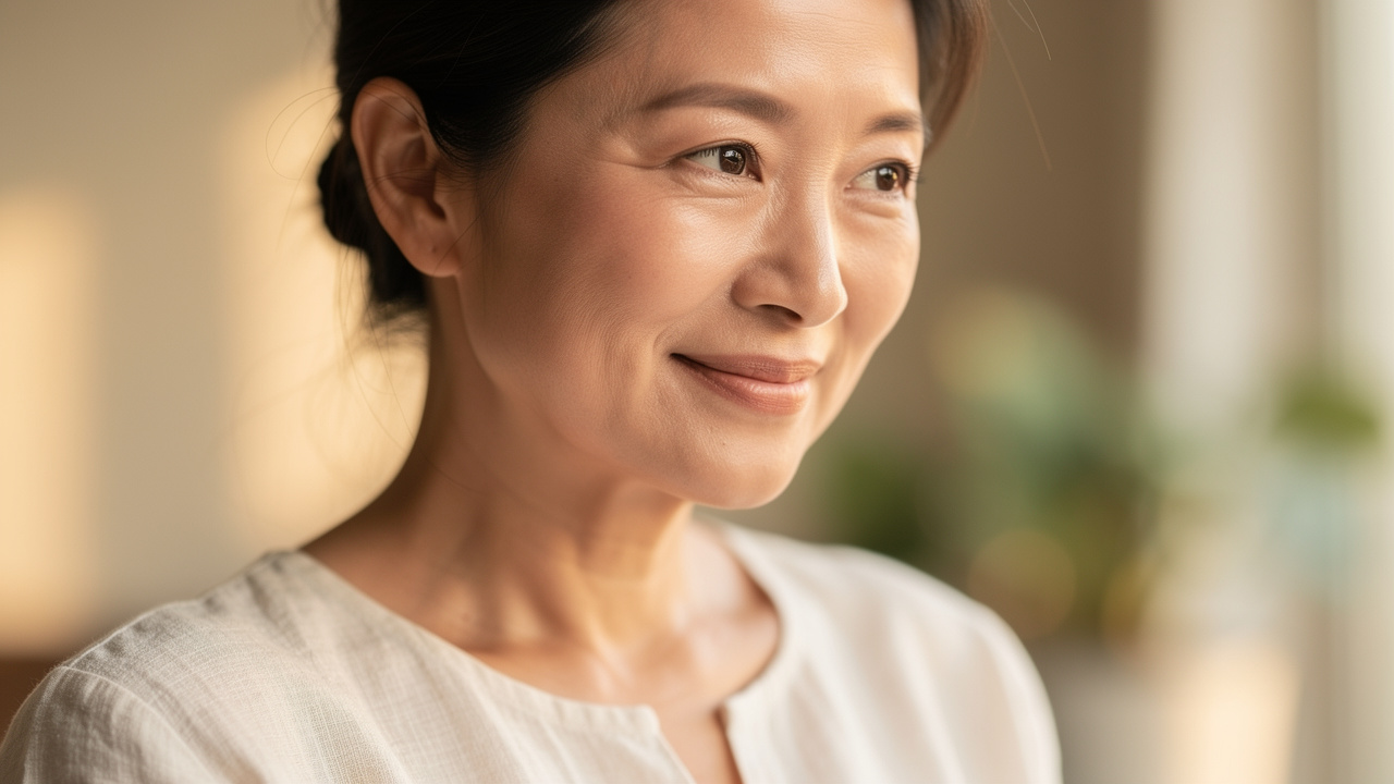 Radiant middle-aged woman with healthy glowing skin representing anti-ageing benefits