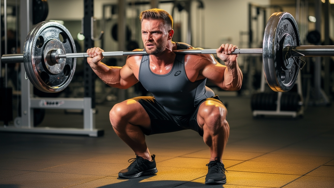 Muscular athlete performing heavy barbell squat in gym