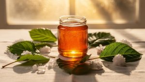 Jar of honey with green leaves and crystals.