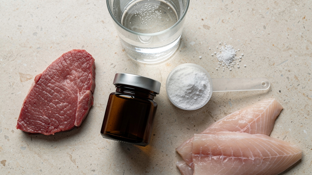 Creatine supplement beside natural food sources on countertop