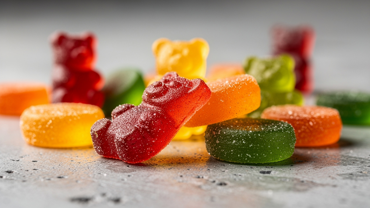 Colourful gummy multivitamin supplements on grey concrete surface