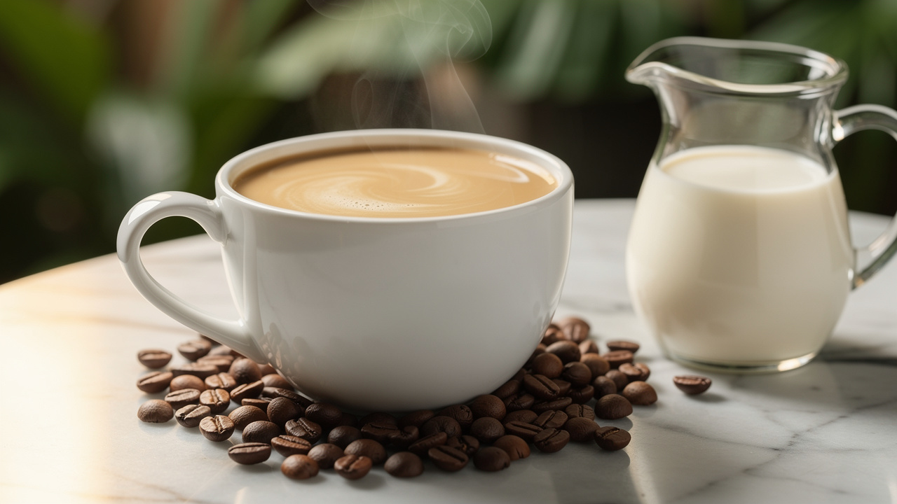 Creamy Ipoh white coffee in ceramic cup on marble