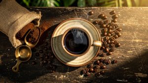 Cup of coffee with beans on rustic table.