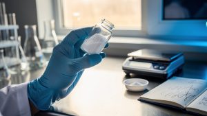 Scientist examining white powder in laboratory vial.