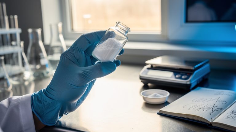 Scientist examining white powder in laboratory vial.