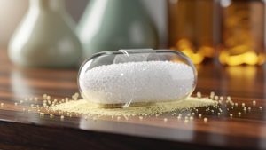 Transparent capsule with granules on wooden surface