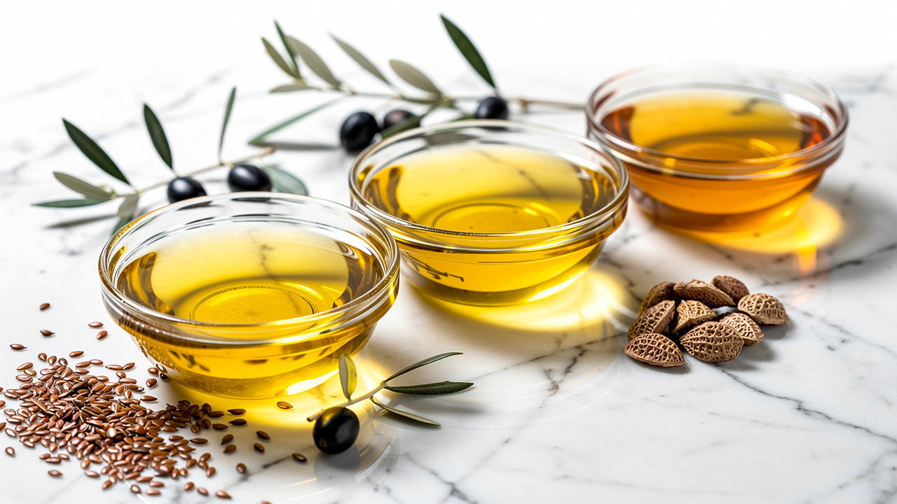 Three plant-based omega oils in glass bowls on marble