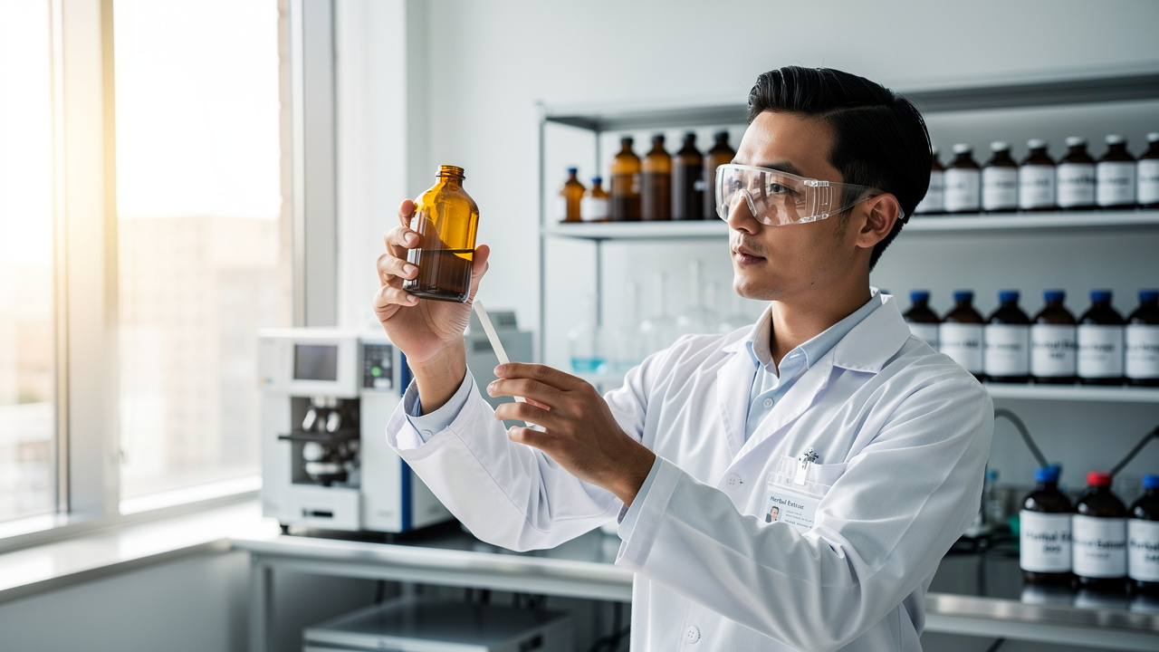 Laboratory scientist inspecting tongkat ali extract for quality control