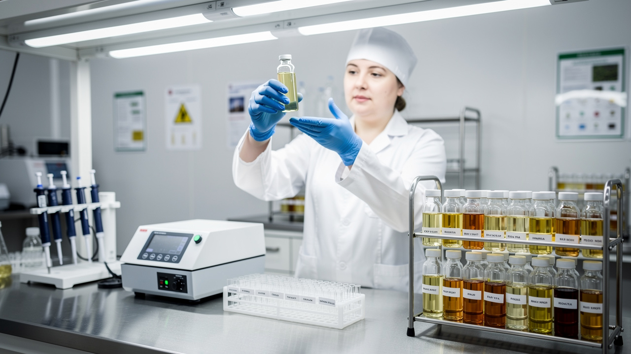 Laboratory technician inspecting golden plant oil sample vial