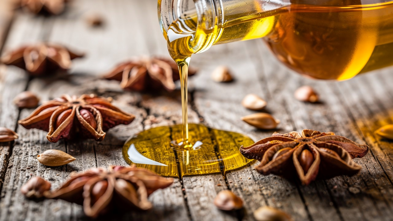 Star anise essential oil pouring on wooden surface.