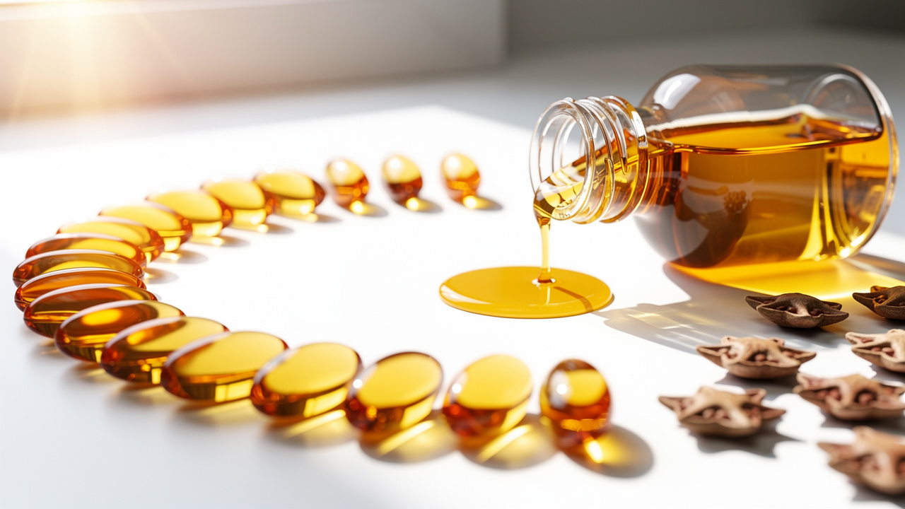 Amber sacha inchi oil softgel capsules beside golden oil