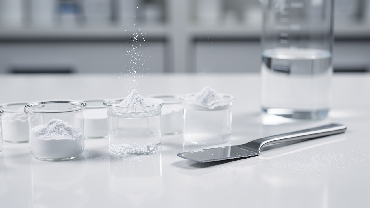 Creatine powder being measured in a supplement formulation lab