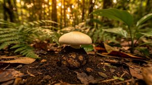Mushroom growing in forest soil, surrounded by ferns.