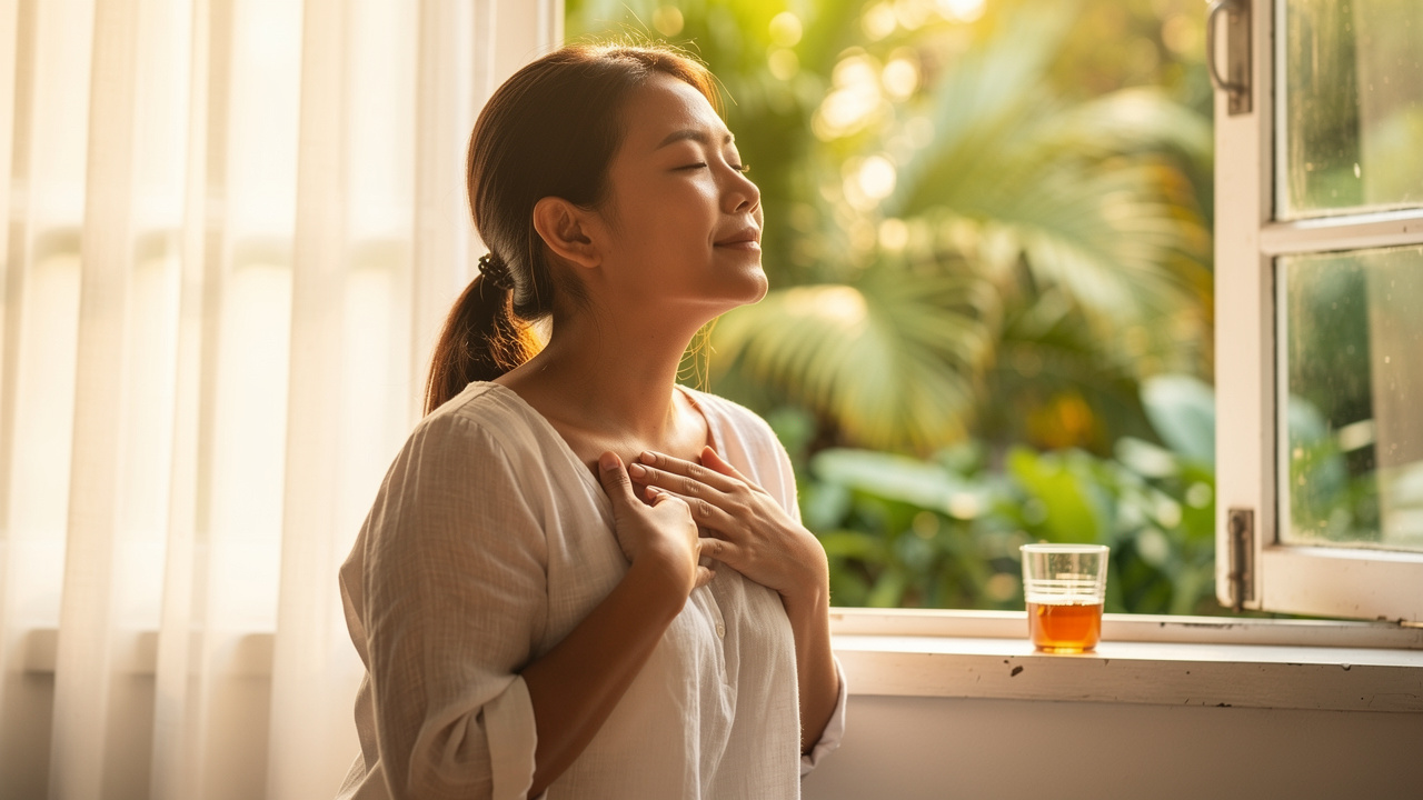 Woman breathing deeply representing lung health benefits