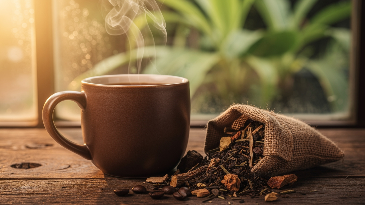 Steaming mug of tongkat ali functional coffee on rustic wooden table
