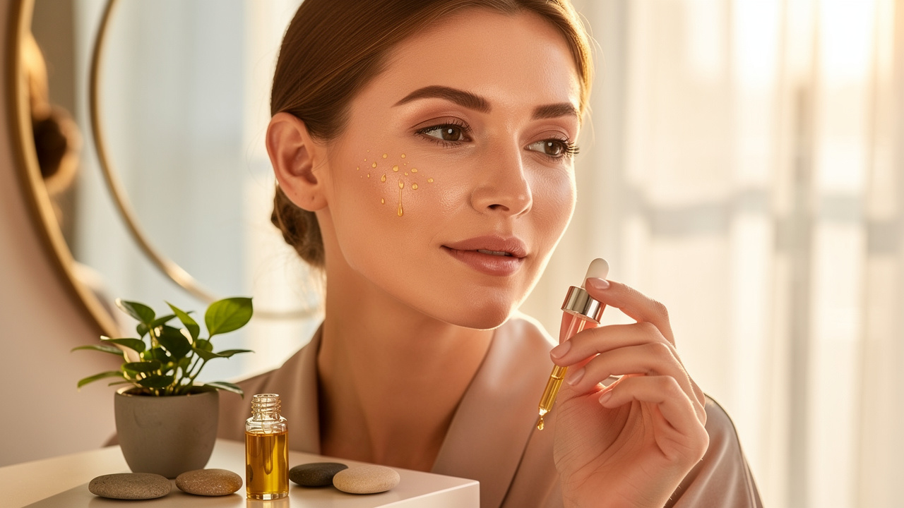 Woman applying golden botanical facial oil to glowing skin