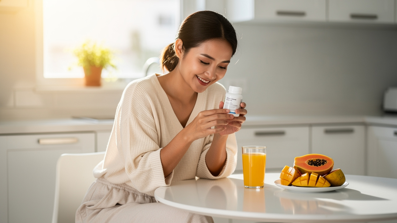 Young woman examining multivitamin supplement bottle at breakfast