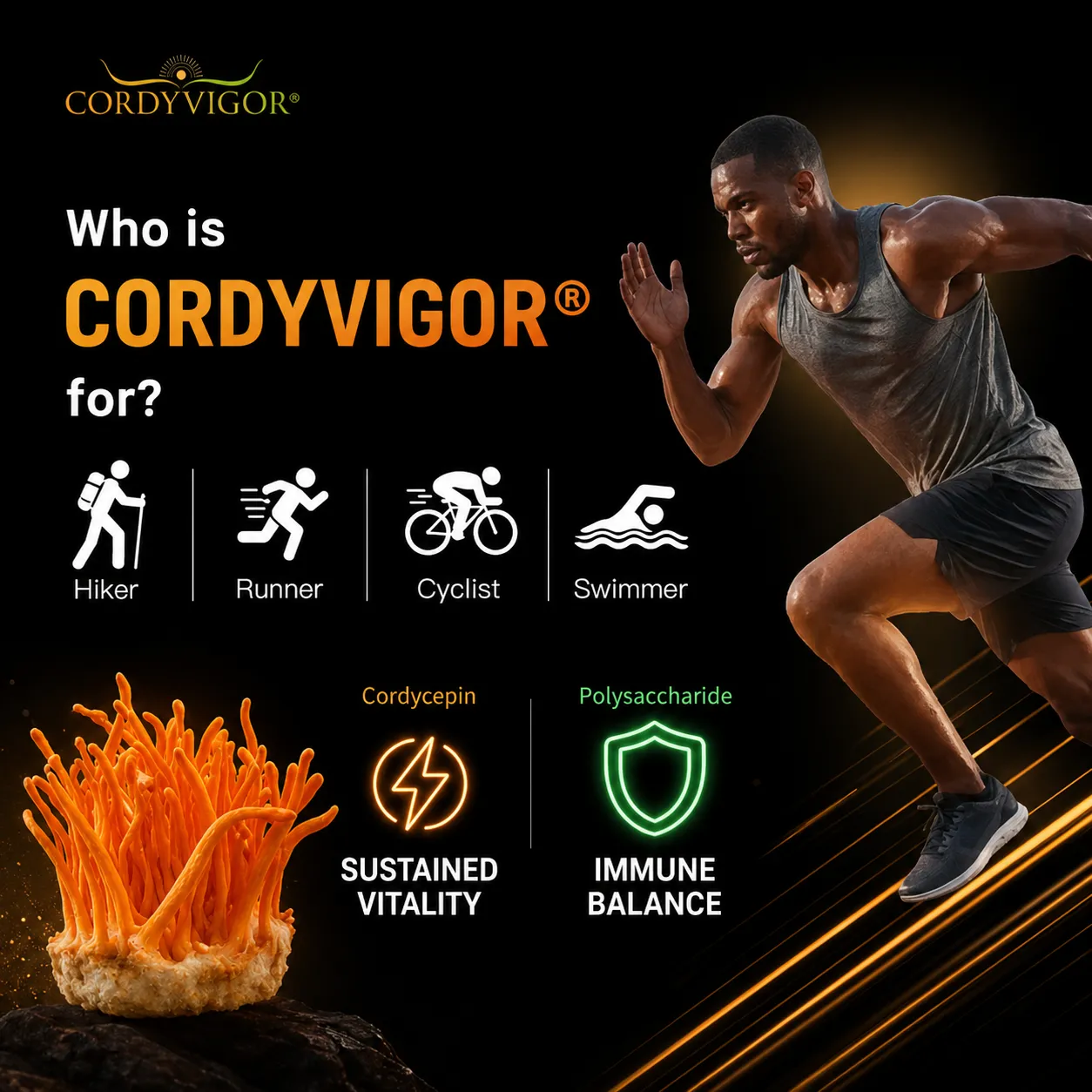 Athlete sprinting beside Cordyvigor cordyceps supplement advertisement