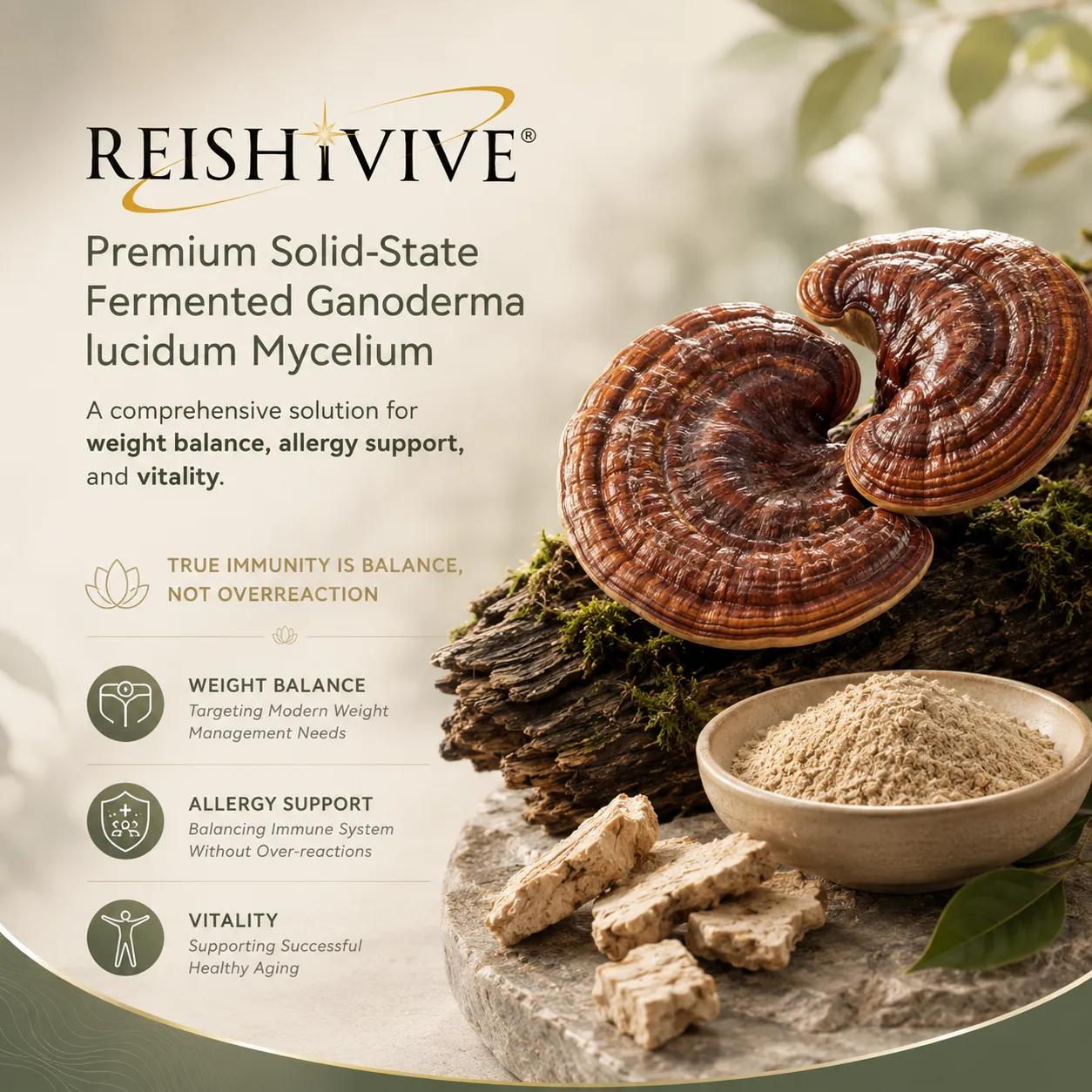 ReishiVive Ganoderma lucidum mycelium supplement with mushrooms