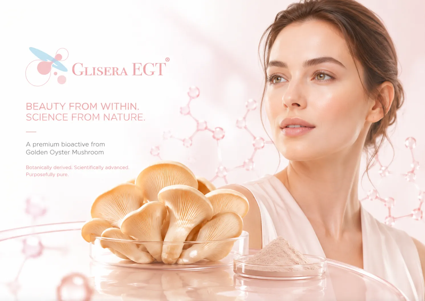 Woman with golden oyster mushrooms skincare advertisement