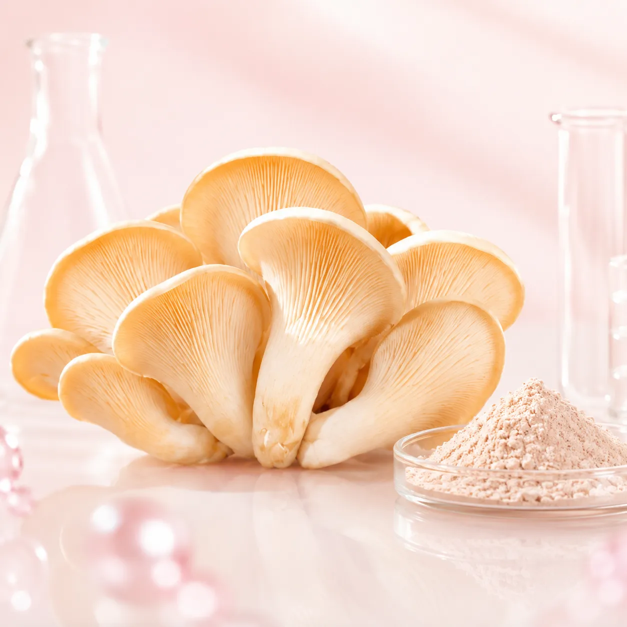 Cluster of oyster mushrooms with mushroom powder