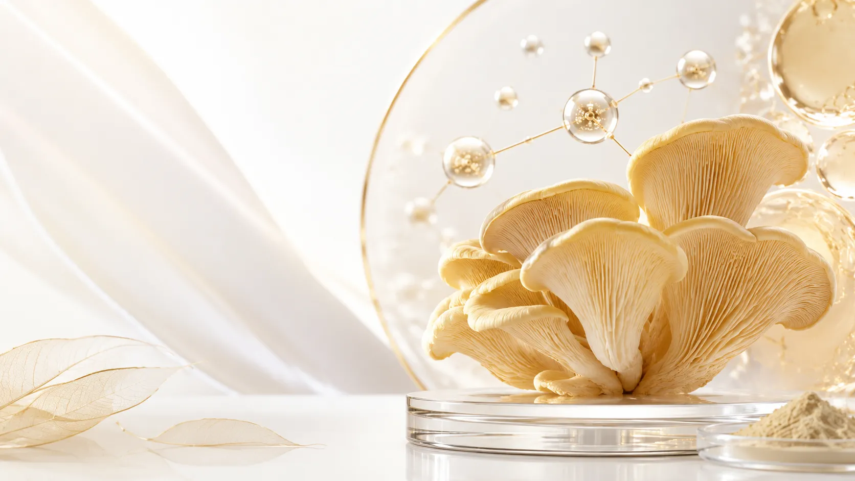 Oyster mushrooms on glass dish with golden molecules