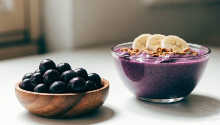 Ripe acai berries and acai smoothie bowl, editorial food photography