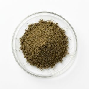 Dark green-brown andrographis herbal extract powder in a glass petri dish