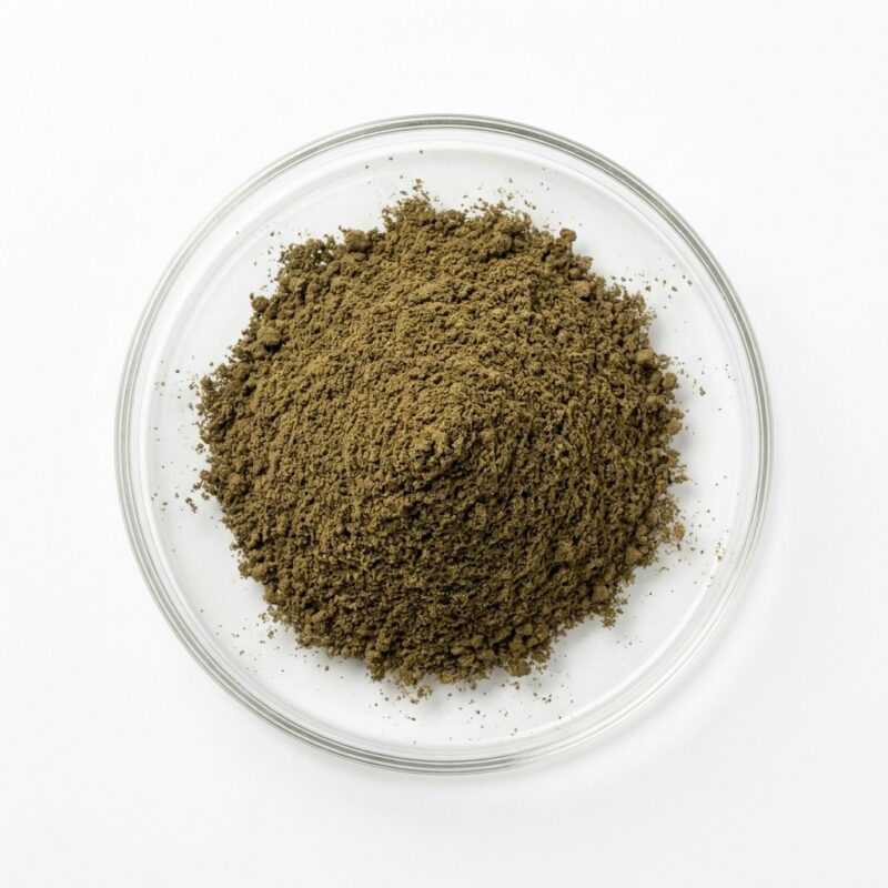 andrographis-extract-powder Dark green-brown andrographis herbal extract powder in a glass petri dish