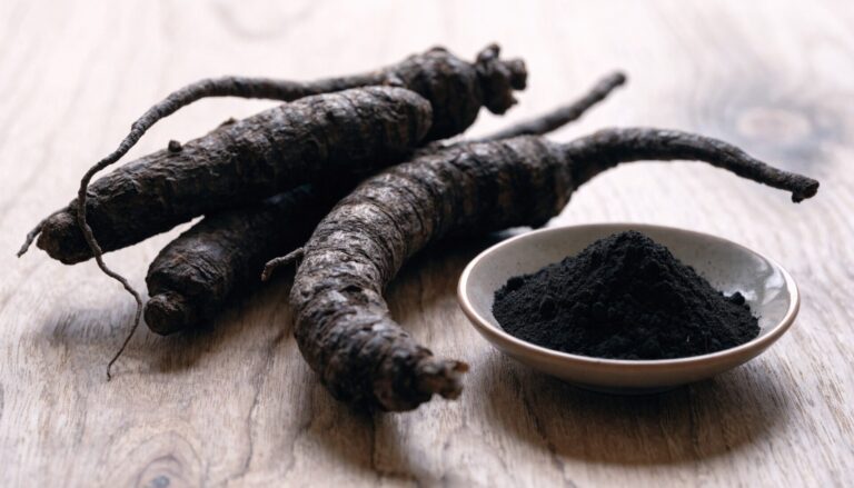 Dark black ginseng root and powder
