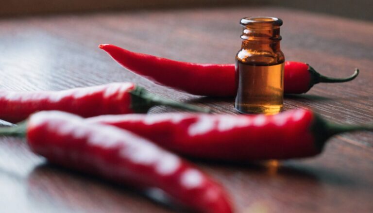 Red chili peppers and capsicum oil extract bottle, editorial food photography