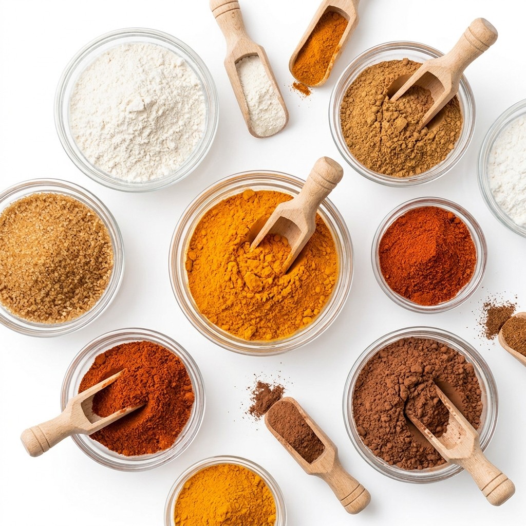 Assortment of food ingredient powders in bowls
