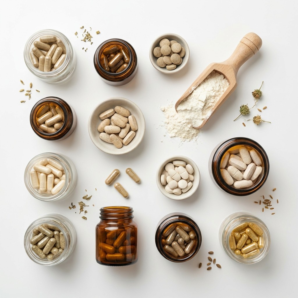 Assortment of supplement capsules and powder scoop