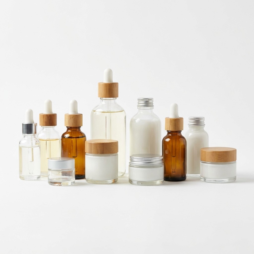 Assortment of cosmetic ingredient bottles and jars
