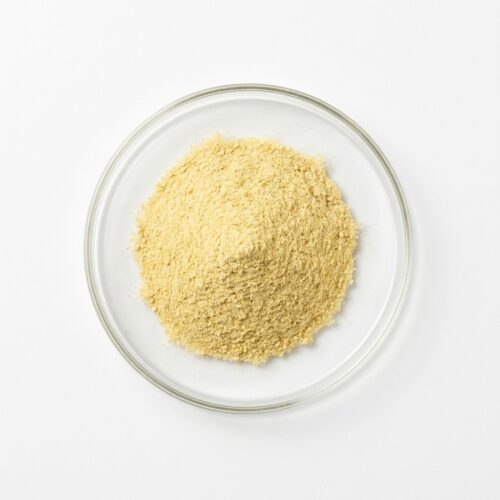 Pale yellow chrysanthemum flower extract powder in a glass petri dish